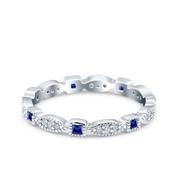 Full Eternity Stackable Ring Wedding Band Round Simulated Blue Sapphire CZ 925 Sterling Silver (3mm)